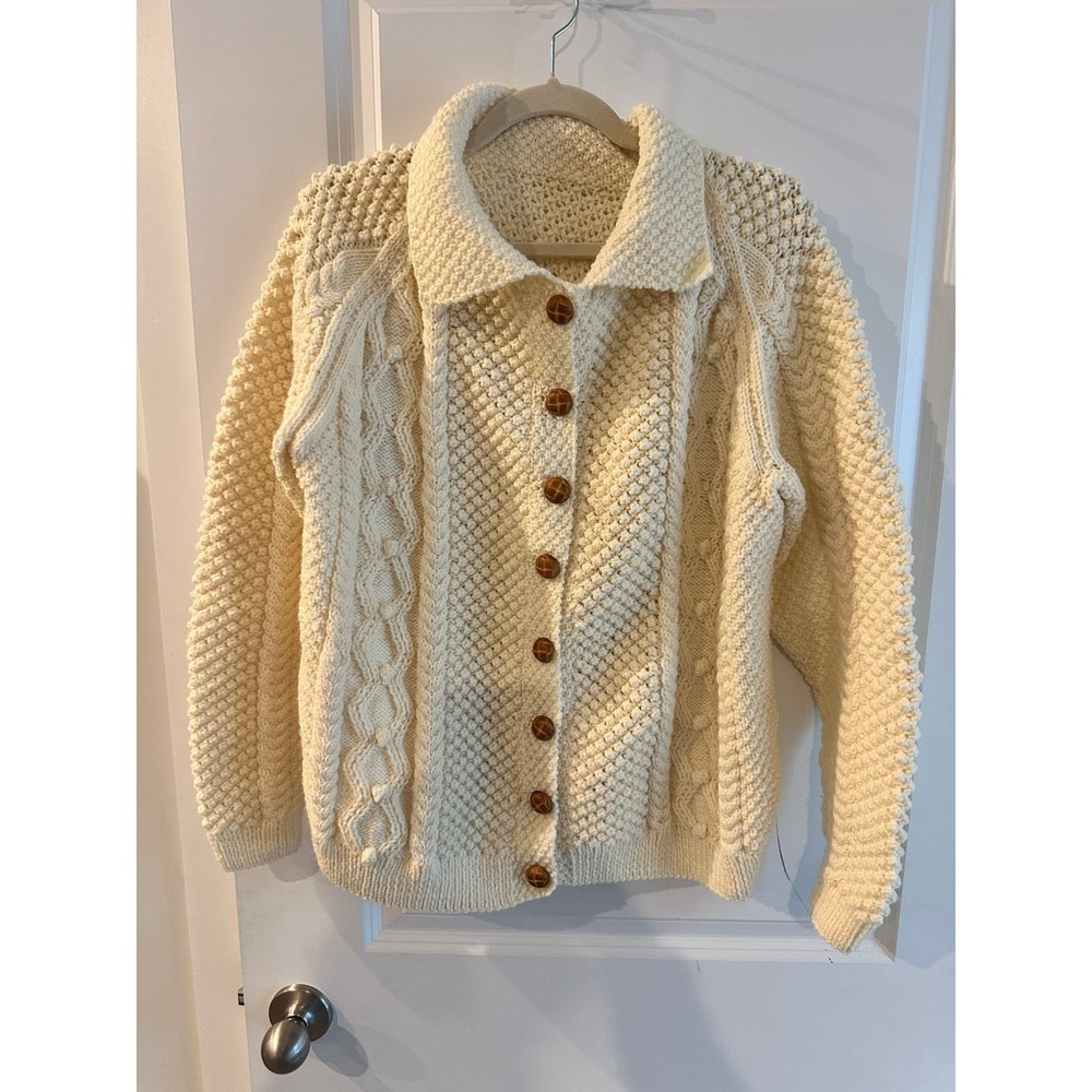 Vintage 1950's Hand Knit Cardigan Wool Blend Sweater Off White